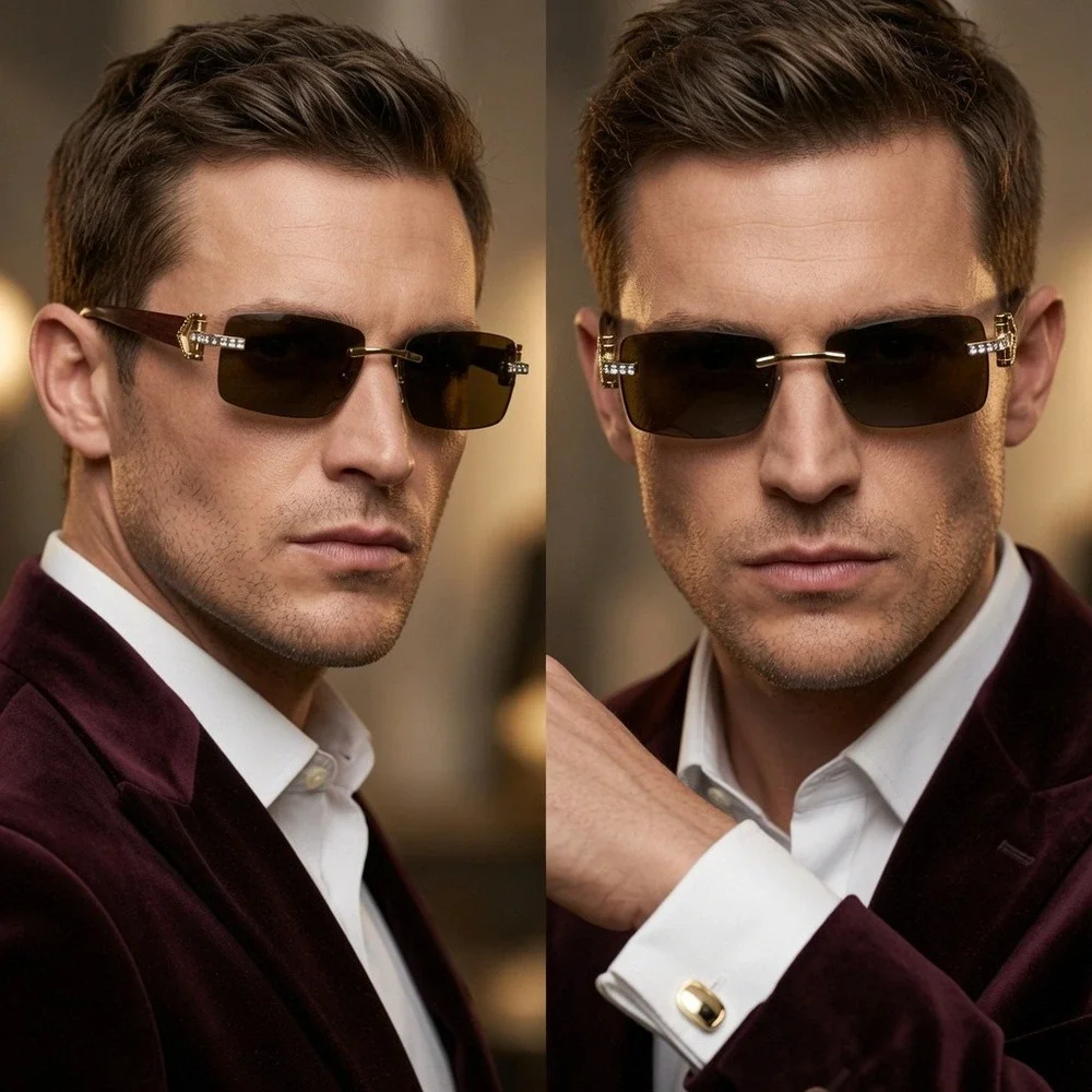 Rimless Sunglasses Gold Accents Rhinestones Wood Grain Arms Men Small Brown Lens